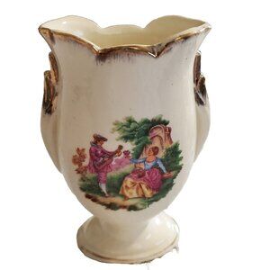 Porcelain Vase Japan Romantic Victorian Courting Couple Collector  VTG Gold Trim